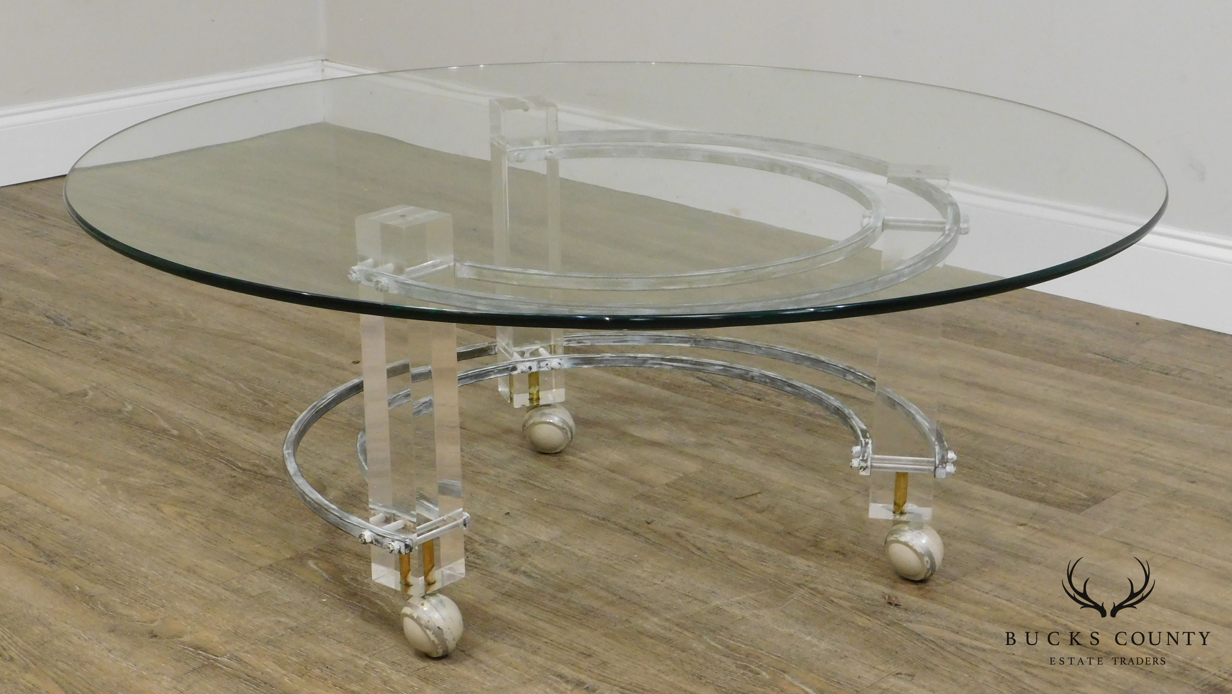 Charles Hollis Jones Mid Century Modern Brass & Lucite Round Glass Top Coffee Table