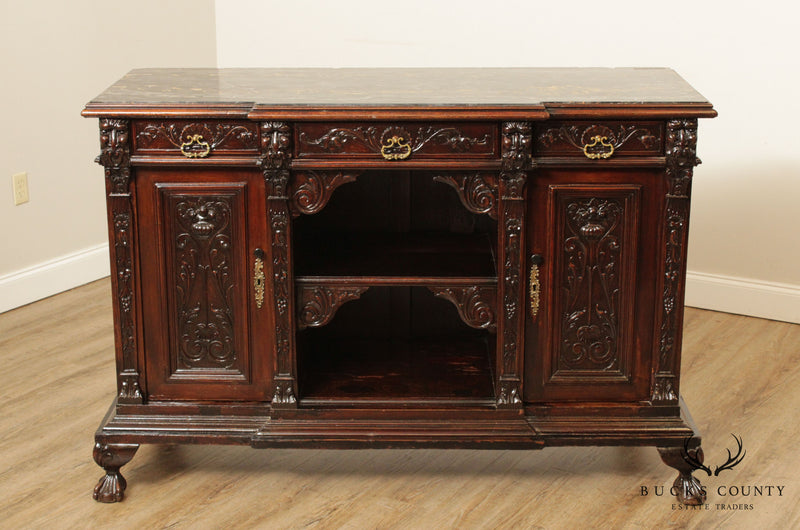 Antique Italian Renaissance Revival Carved Mahogany Marble Top Sideboard