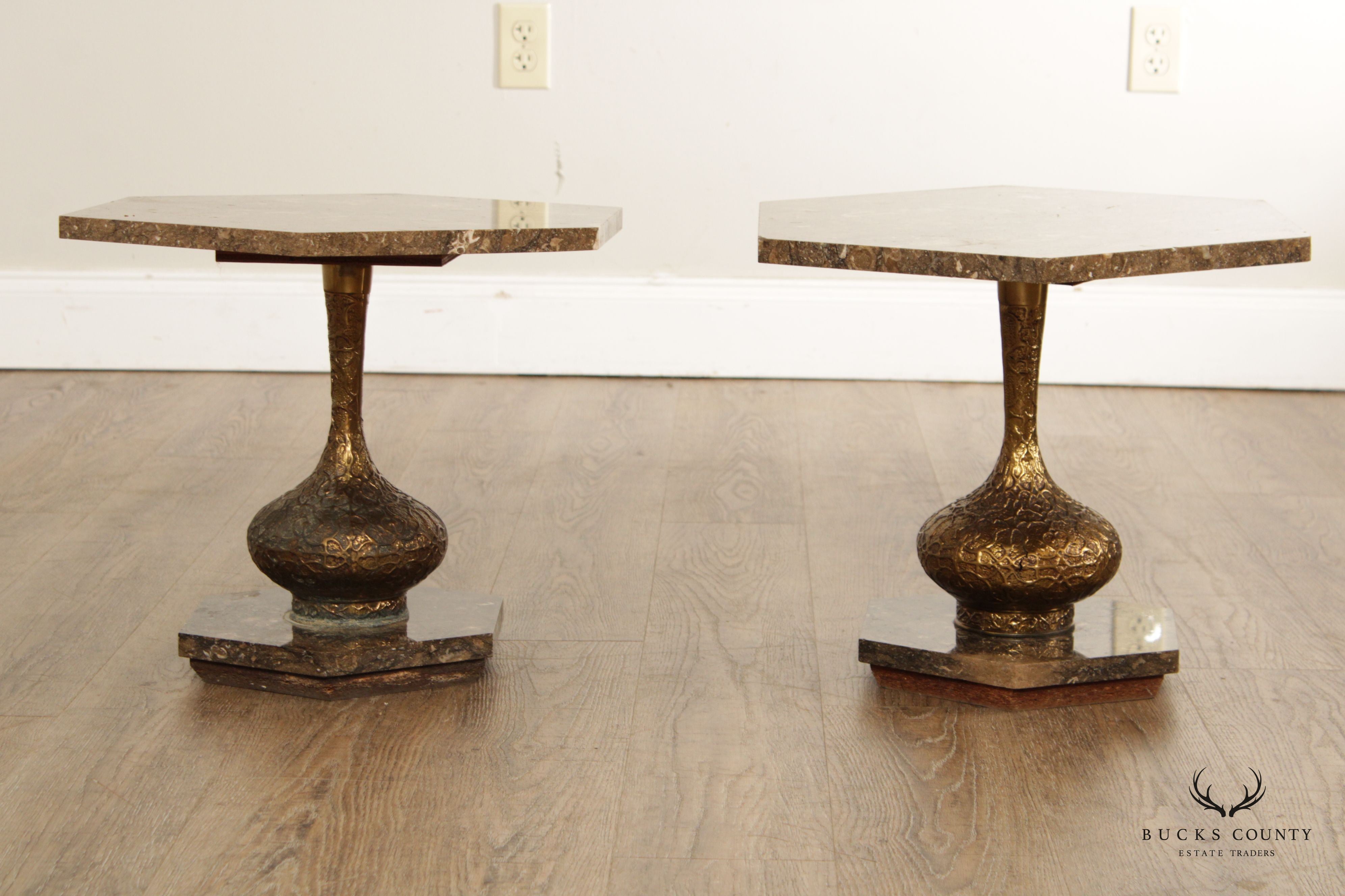 Hollywood Regency Pair Marble Hexagon Side Tables