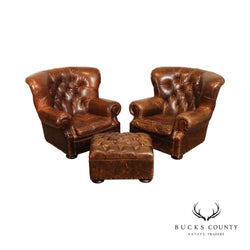 Restoration Hardware Quality Pair of Tufted Leather Churchill Club Chairs and Ottoman