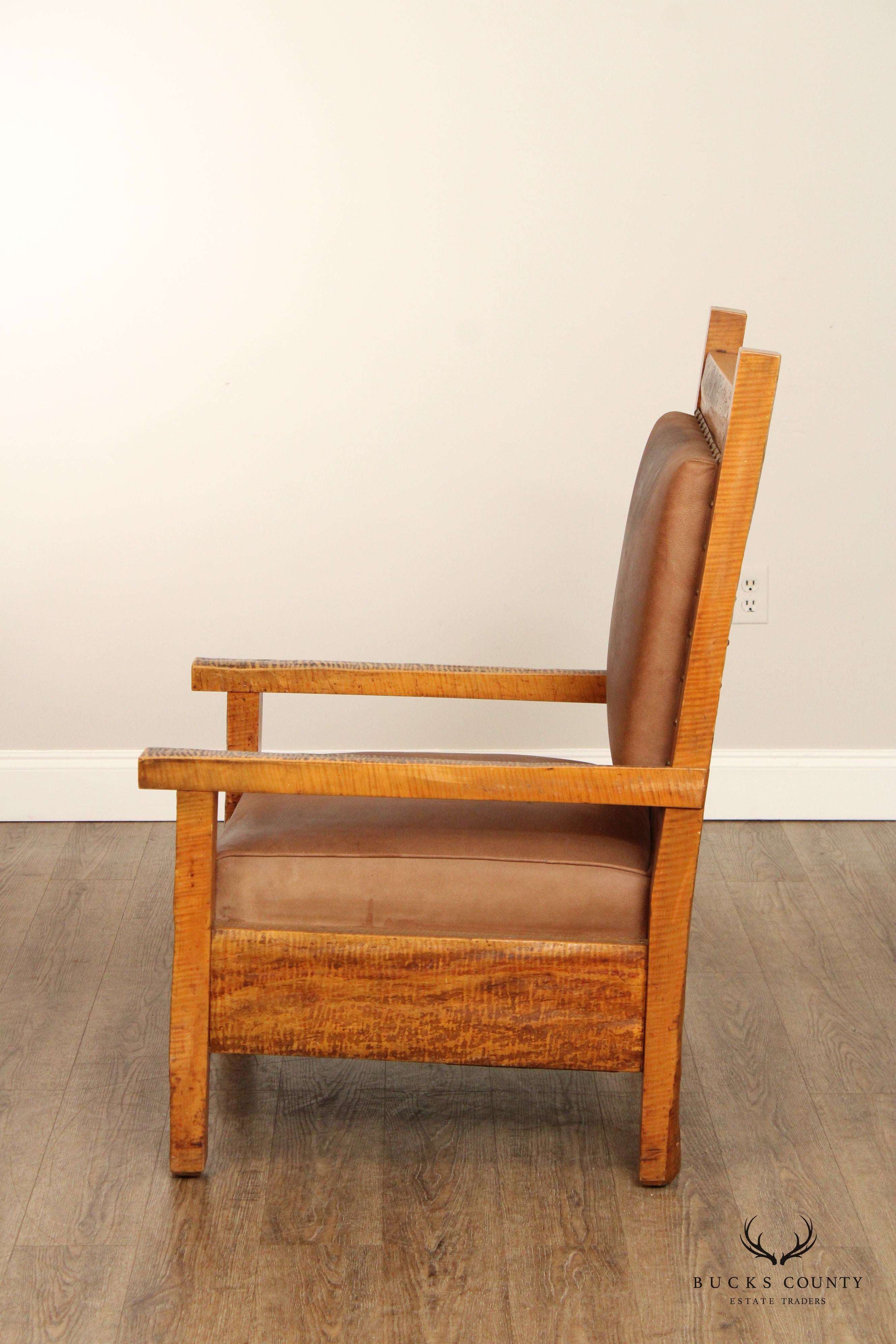 ANTIQUE ADIRONDACK MISSION STYLE TIGER MAPLE ARMCHAIR