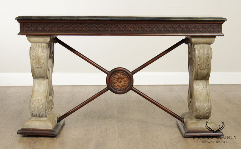 Neoclassical Style Tessellated Marble Top X-Base Console Table (A)