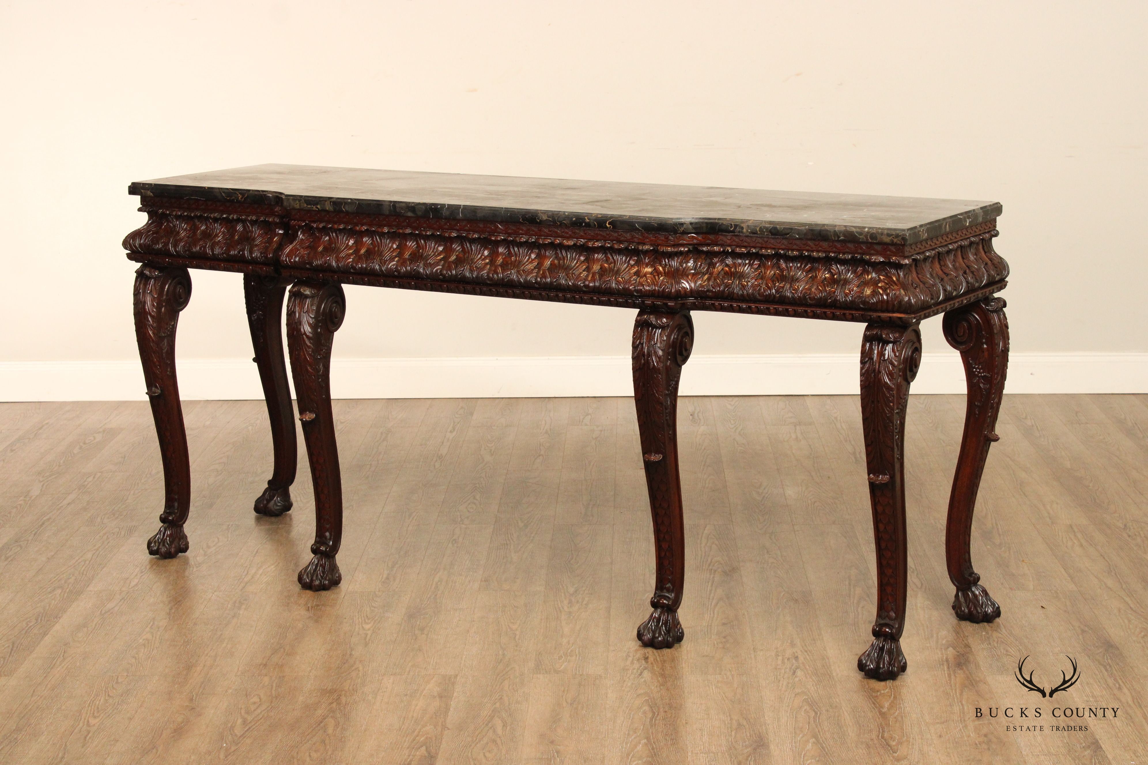 Antique Georgian Style Carved Mahogany Marble Top Console Table