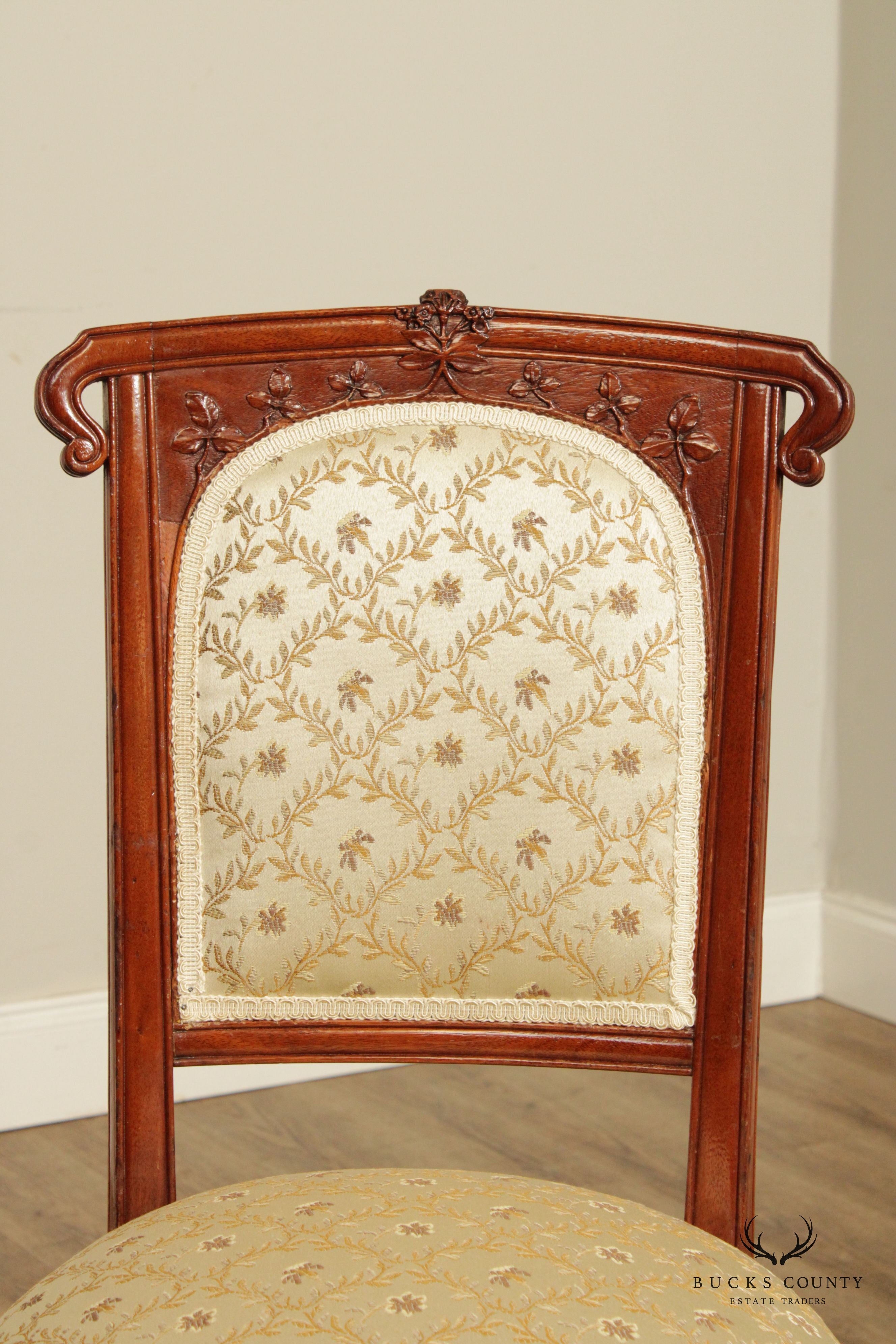 Antique French Art Nouveau Exceptional Quality Carved Mahogany Pair Upholstered Side Chairs