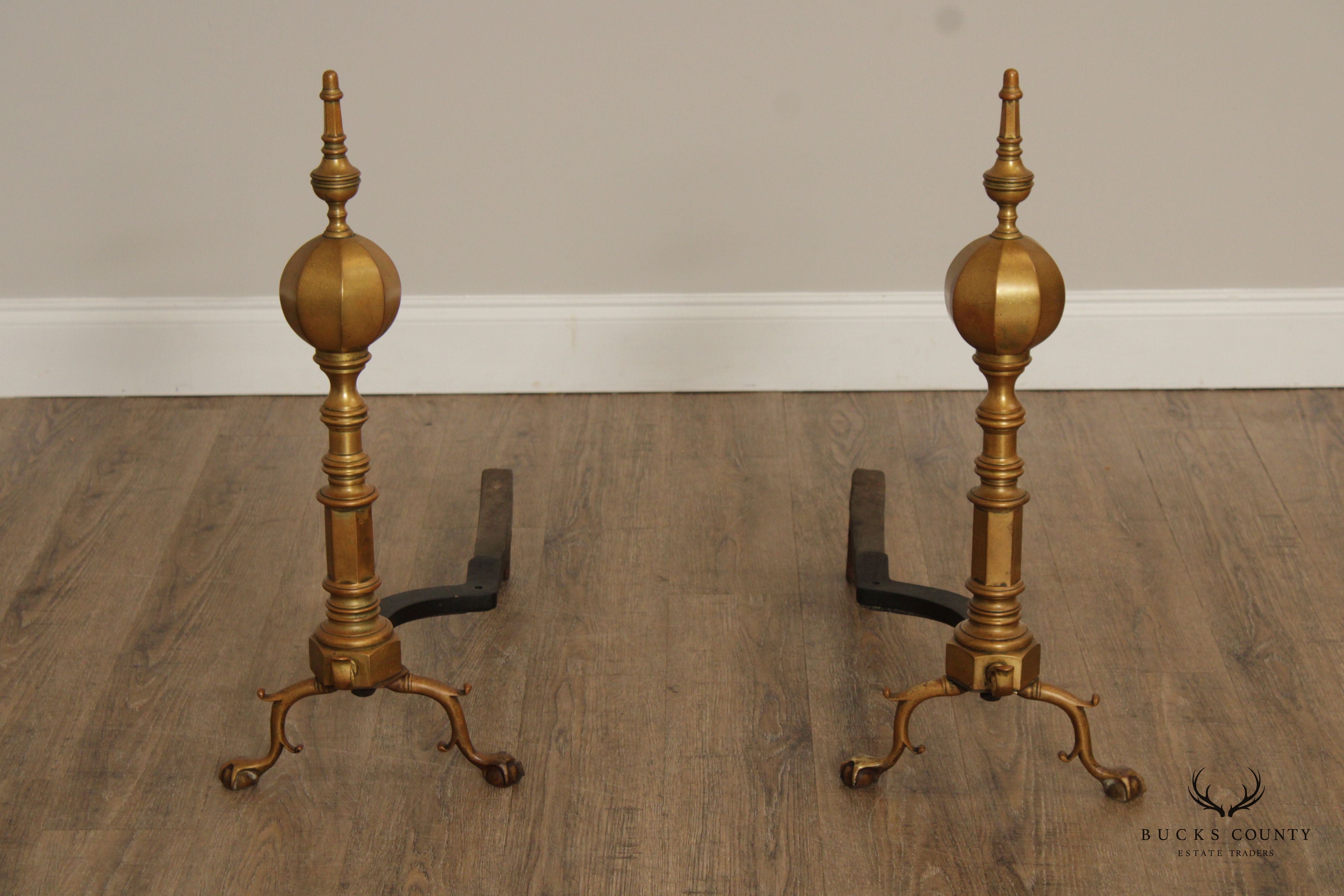 FEDERAL STYLE PAIR OF BRASS ANDIRONS AND POKER