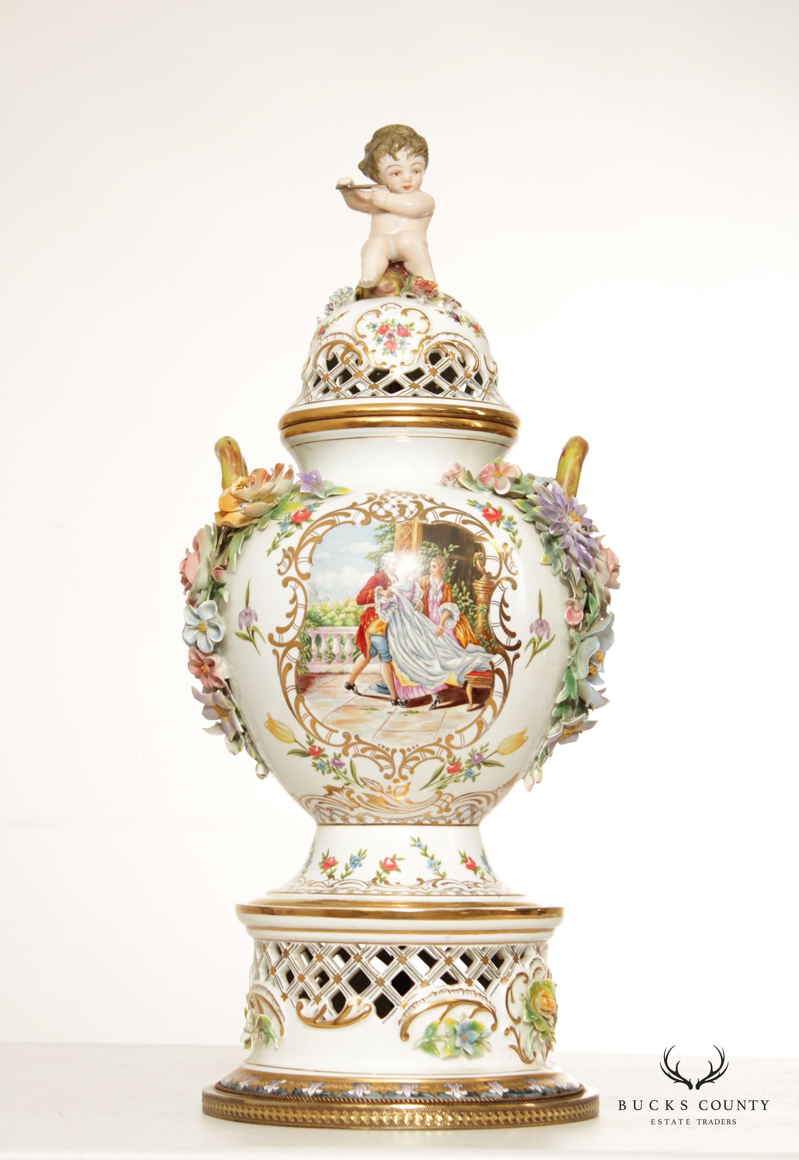 Rococo Revival 20th C. Porcelain Decorative Potpourri Urn