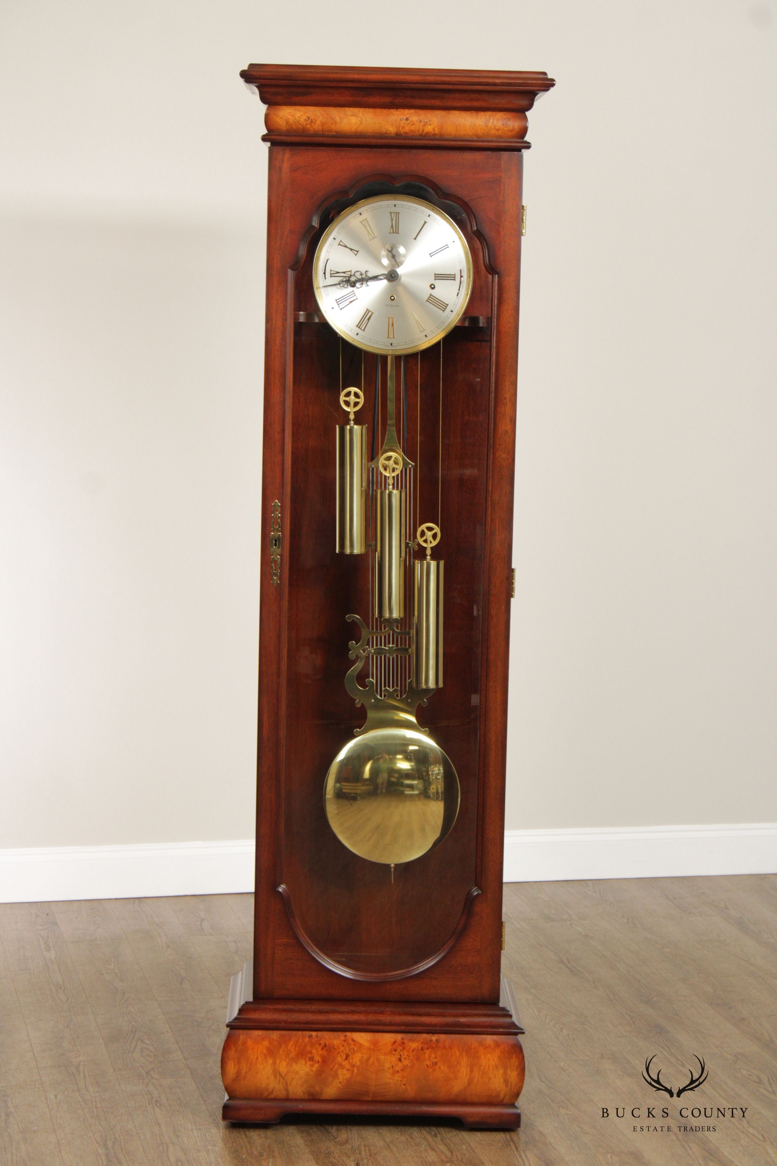 WK Sessions Mahogany and Burlwood Grandfather Clock