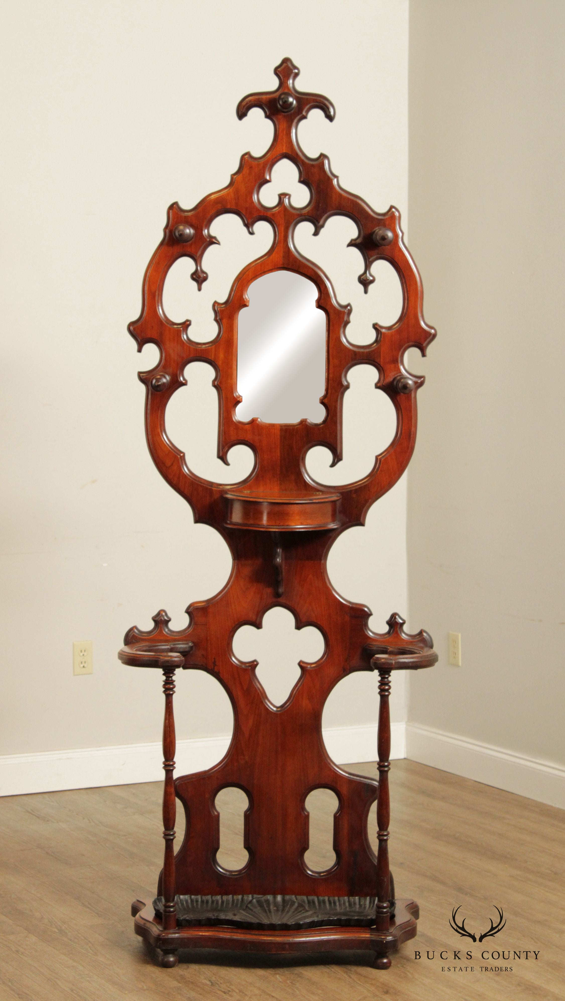 Antique 19th C. Victorian Walnut Hall Tree with Mirror