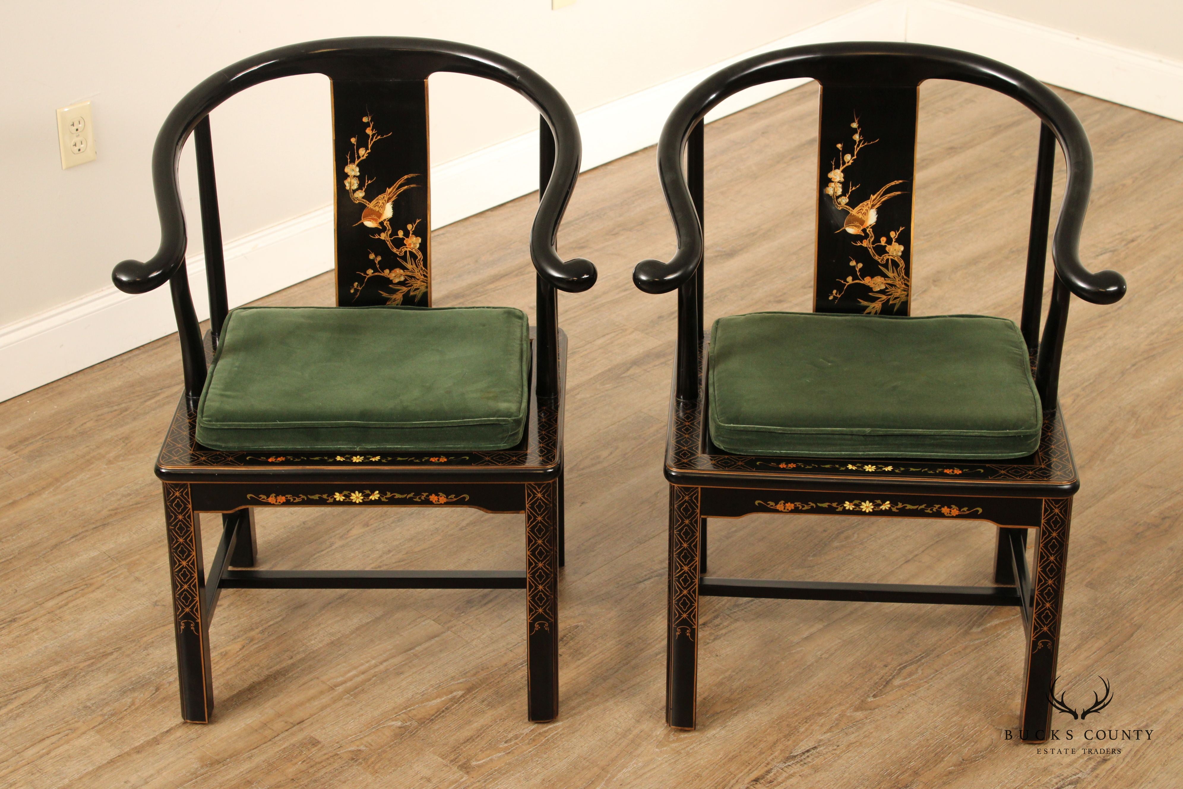 Traditional Chinese Style Pair of Horseshoe Back Armchairs