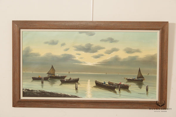 Vintage 20th C. Fisherman Sailboats Seascape Original Painting, by Giovanni Maratti