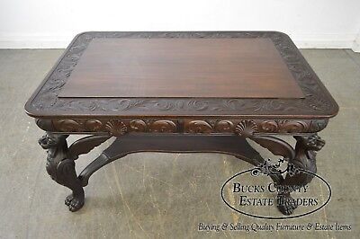 Horner Antique Carved Standing Winged Griffin Library Table Desk