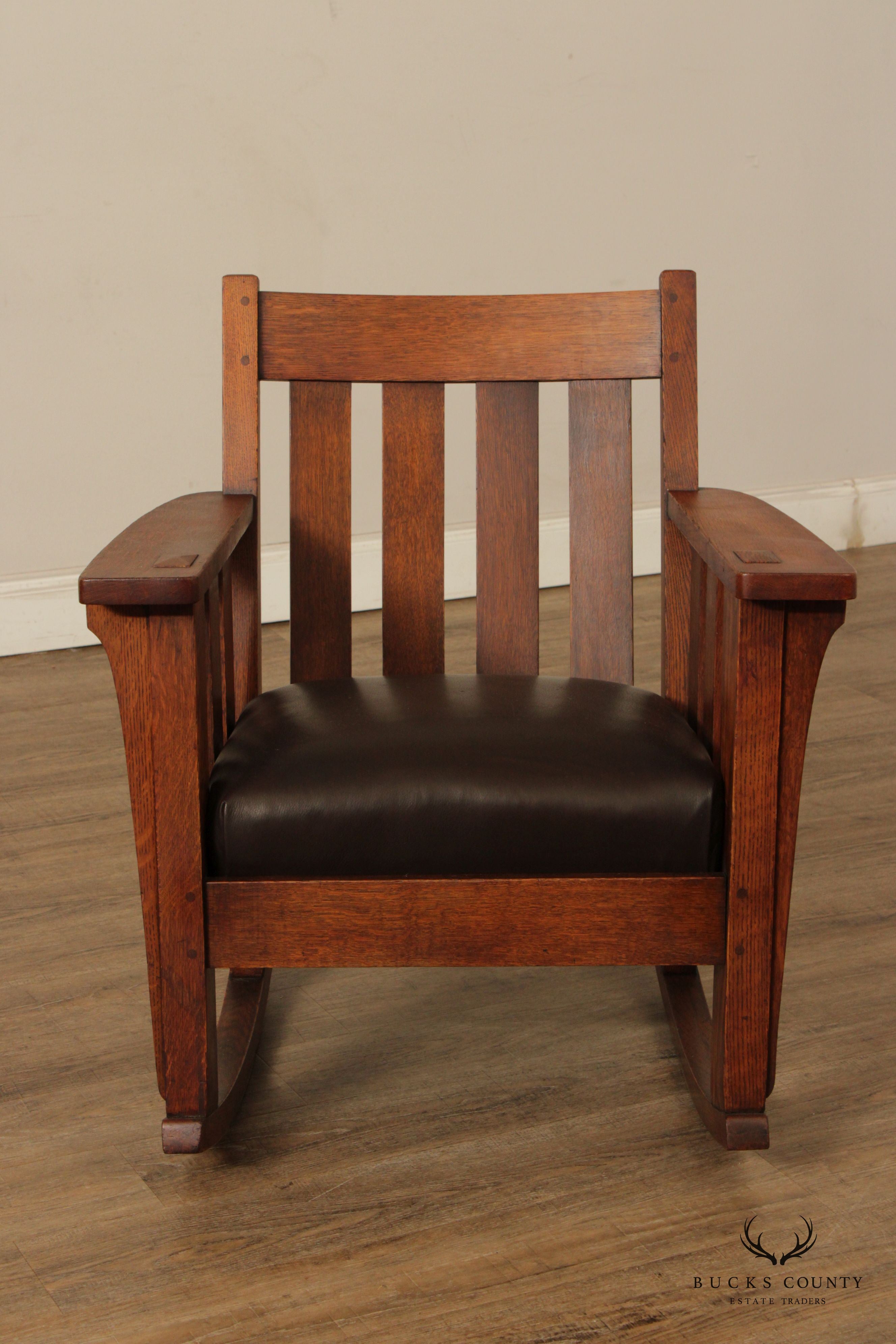 Harden Antique Mission Oak And Leather Pair Of Rockers