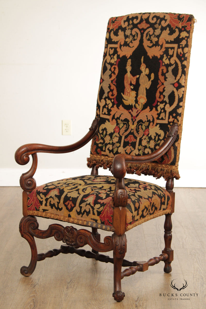 Antique 19th C. French Renaissance Baroque Carved Needlepoint Throne Armchair