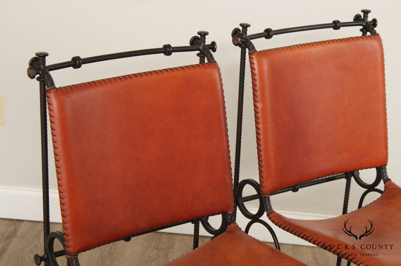Quality Pair Forged Iron & Rebar Leather Bar Stools
