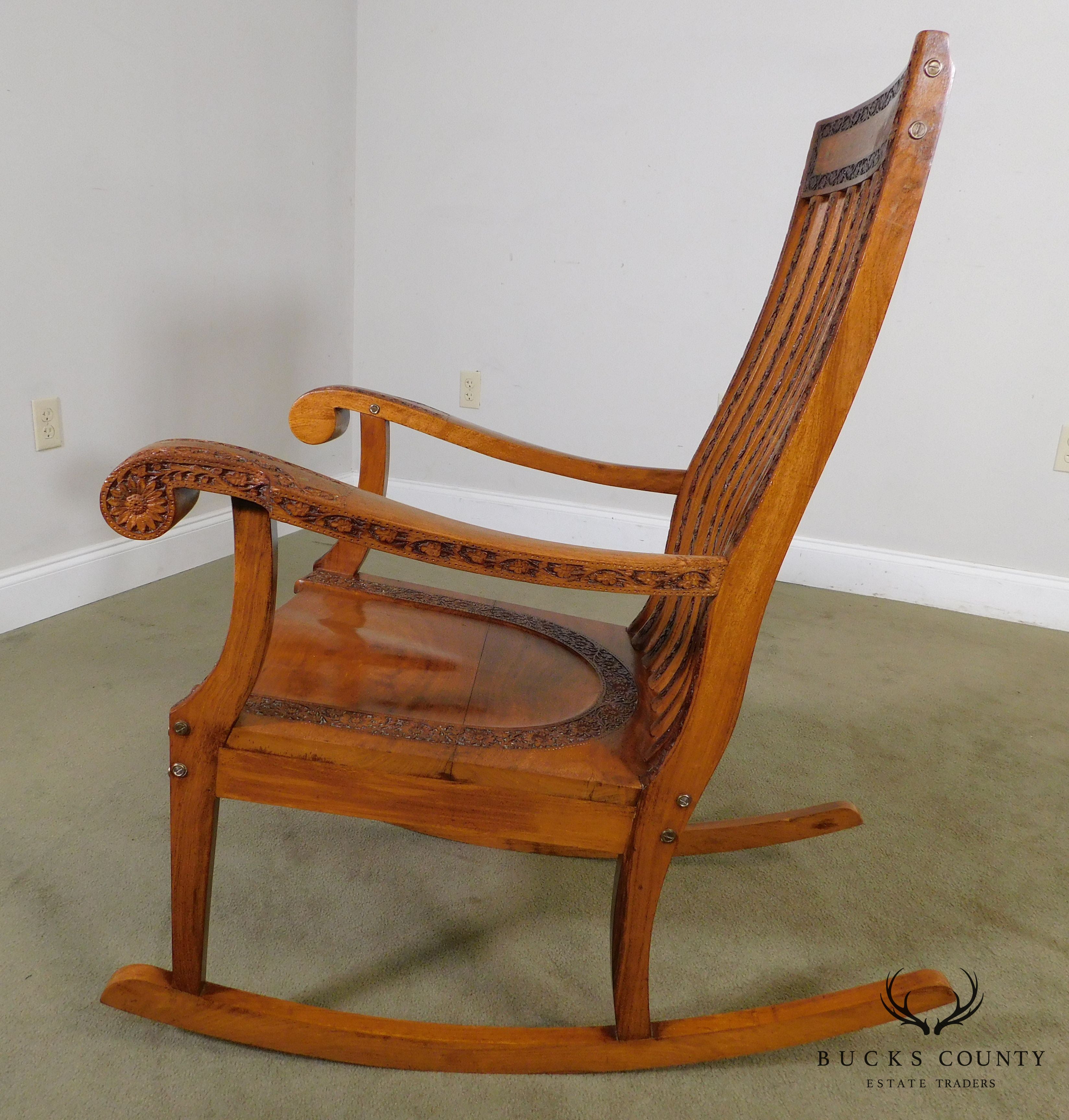 Vintage Indian Carved Hardwood Brass Inlaid Rocker