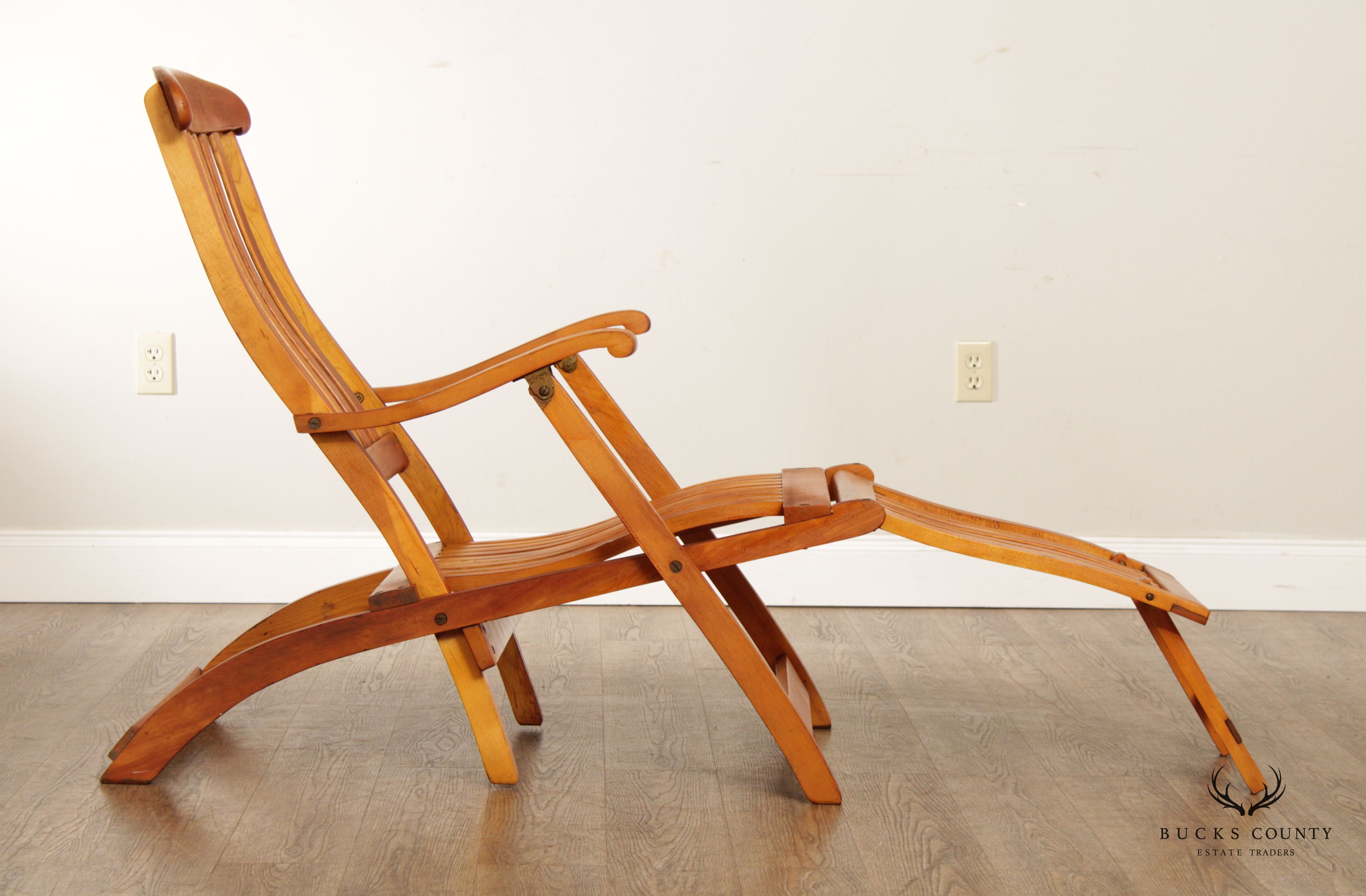 Antique Campaign Style Pair of Maple and Brass Folding Cruise Ship Steamer Lounge Chairs