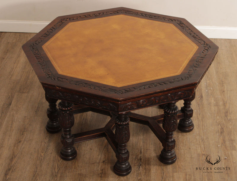 Antique French Renaissance Revival Carved Oak Octagonal Leather Top Center Table