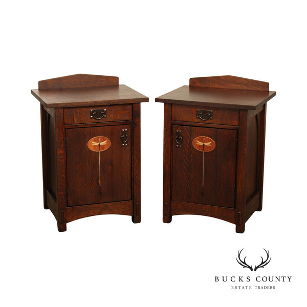 Mission Style Pair Of Custom Quality Inlaid Nightstands After Harvey Ellis