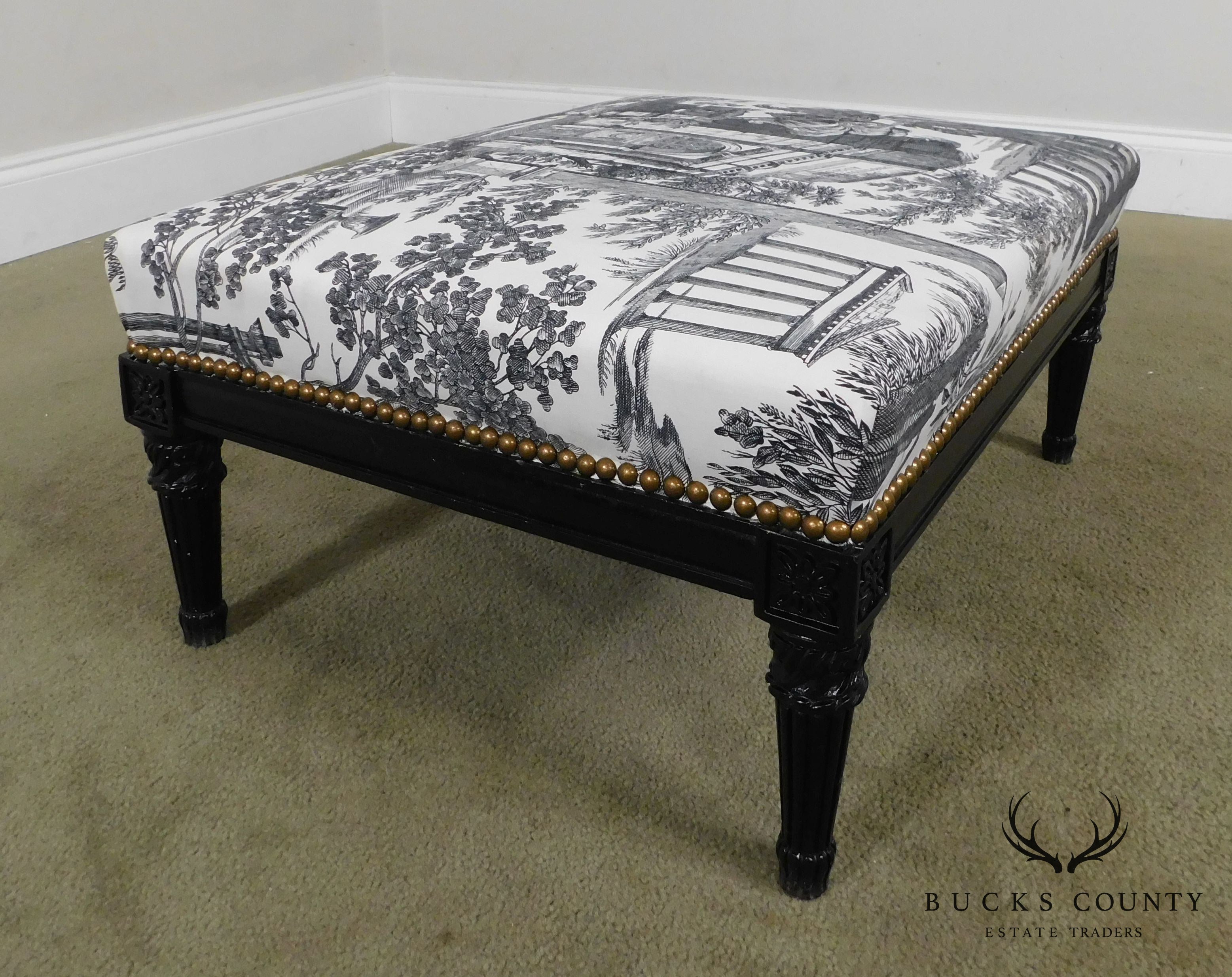 French Louis XVI Custom Black Ebonized Footstool, Toile Upholstery