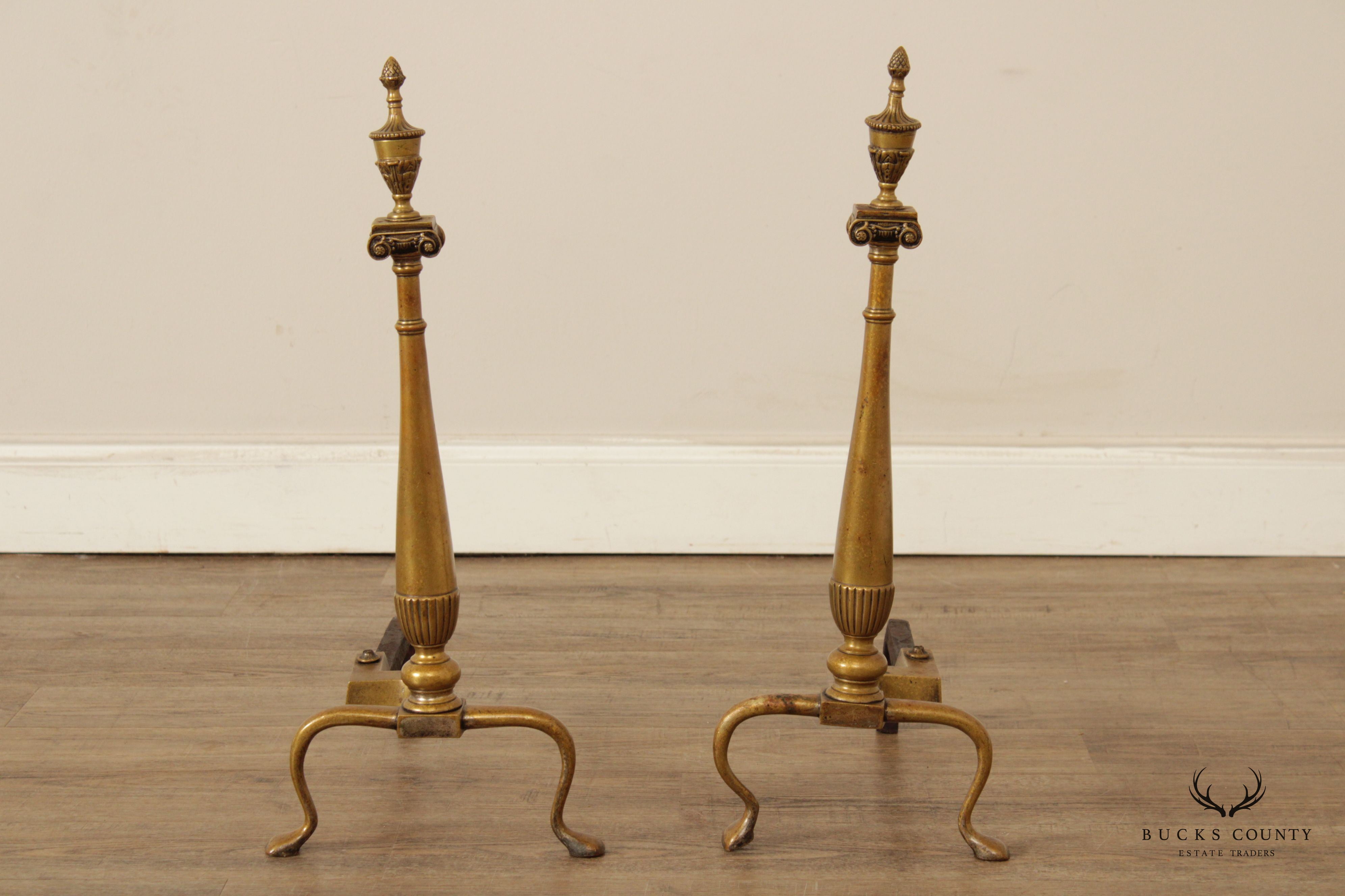 Federal Style Quality Pair of Brass Fireplace Andirons