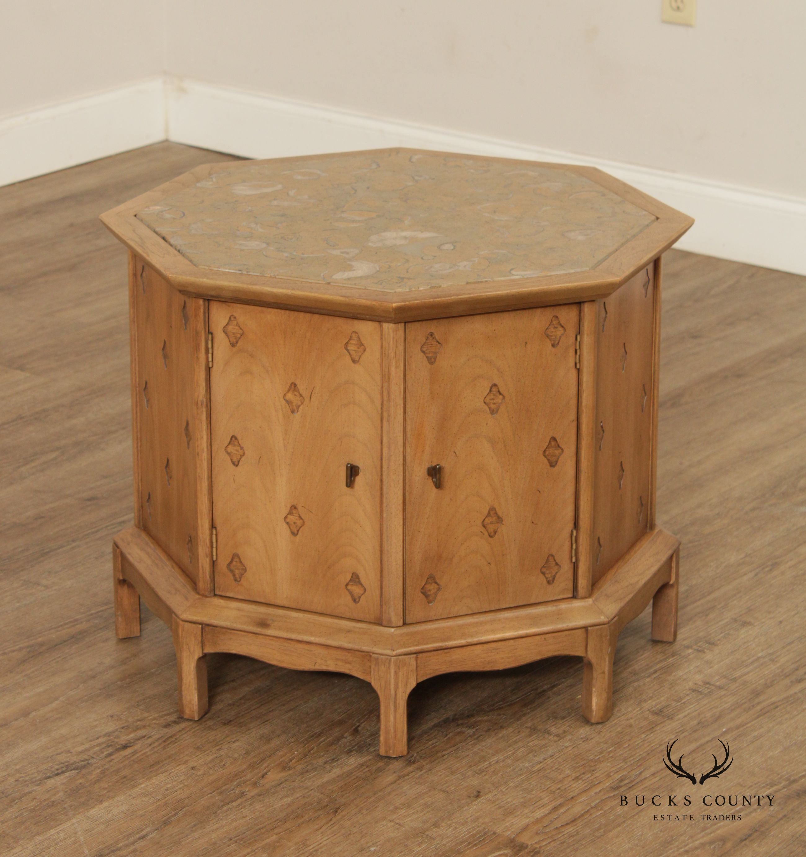 Thomasville Mid Century Modern Moroccan Style Pecan Wood Octagonal Drum Cabinet