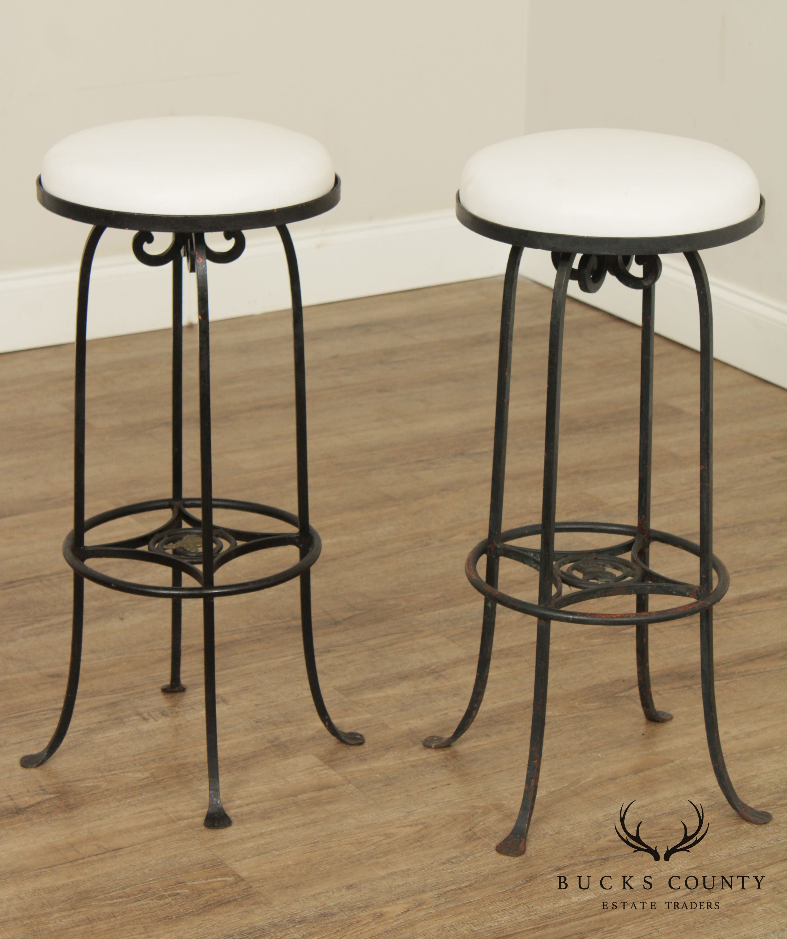 Custom Pair of Vintage Wrought Iron and Vinyl Patio Bar Stools