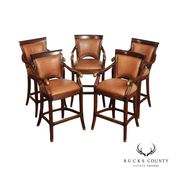 Artistica Campaign Style Set of Five Rattan Bamboo and Leather Bar Stools