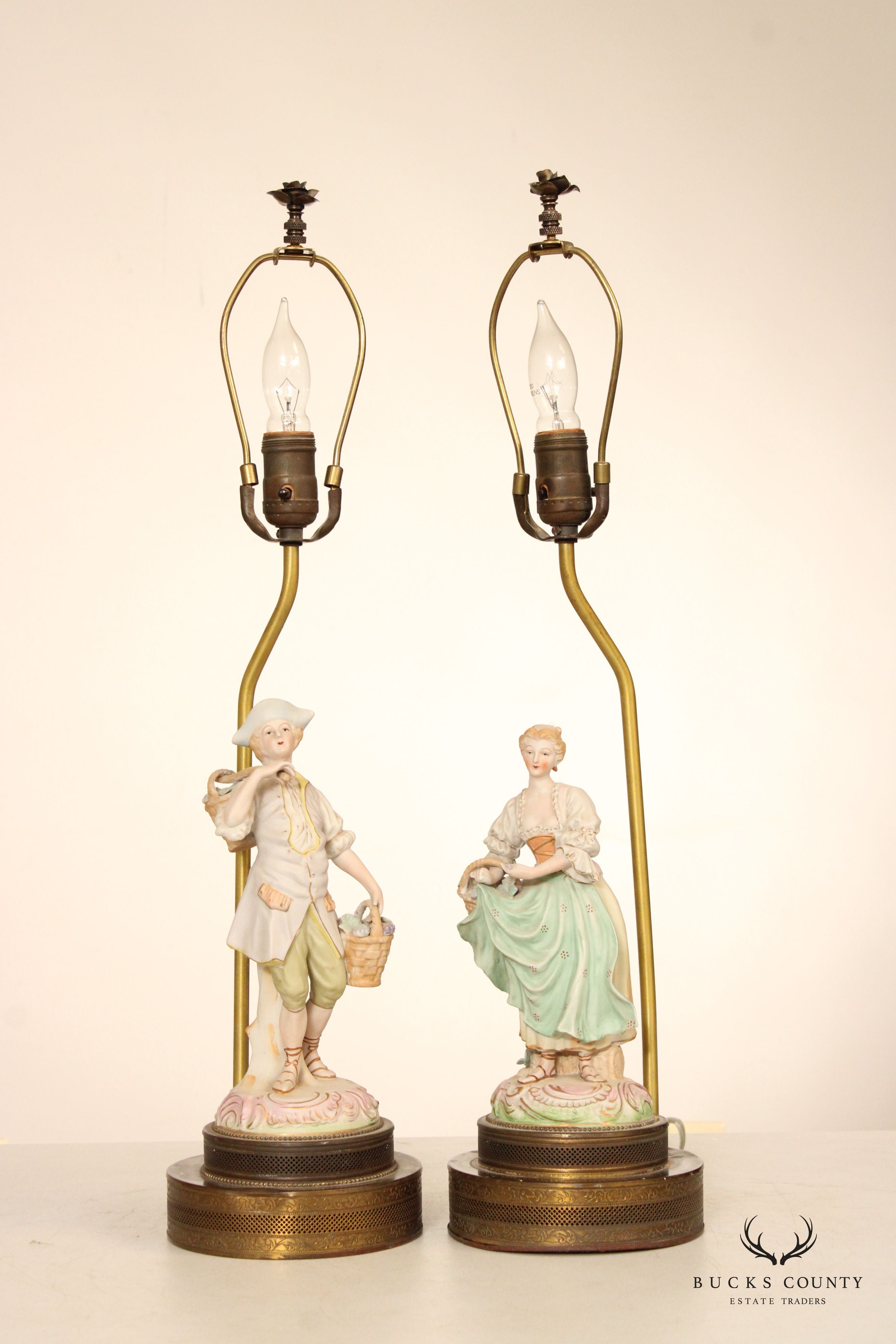 Vintage Rococo Style Pair Porcelain Figurine Table Lamps