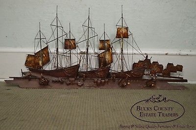 Curtis Jere Large Rusted Metal Wall Sculpture of Sailboats & Ships