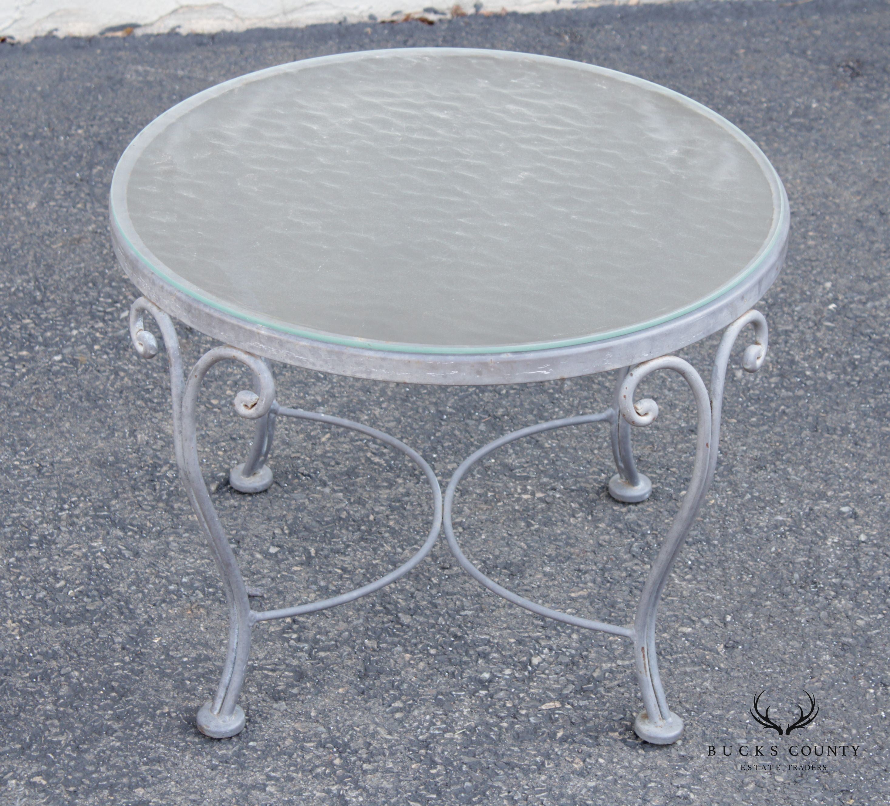 French Style Vintage Scrolled Wrought Iron Round Glass Top Outdoor Cocktail Table