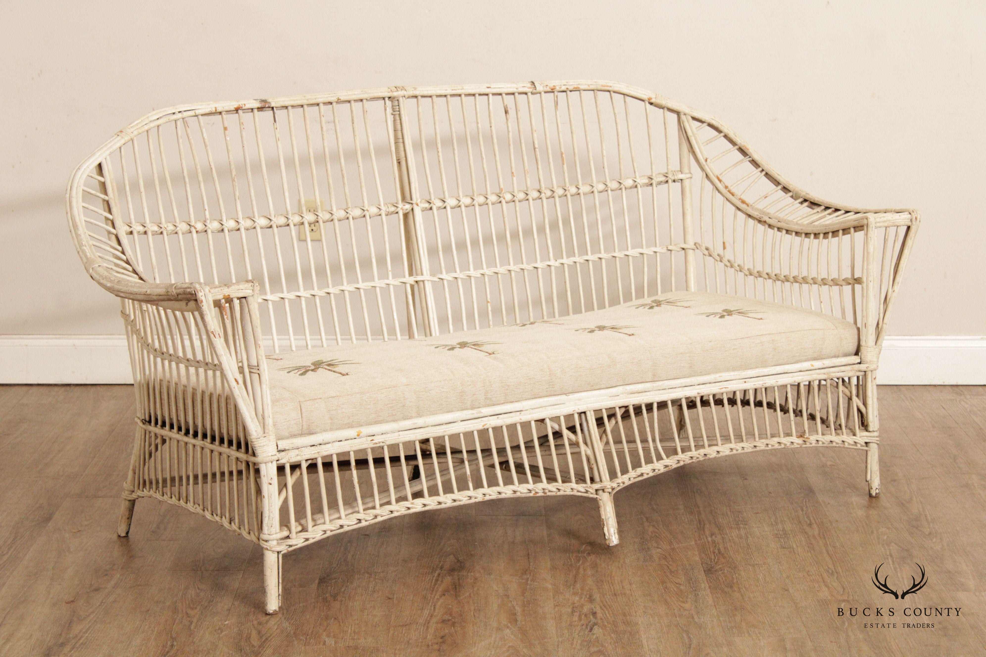 Vintage Coastal White Painted Split Reed Wicker Rattan Sofa