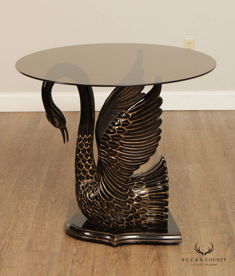 Italian Carved and Painted Wood Black Swan Glass Top Center Table