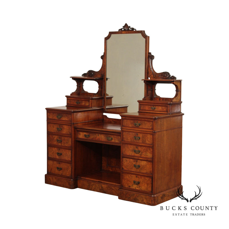 Antique English Victorian Walnut Burl Vanity Dresser with Mirror