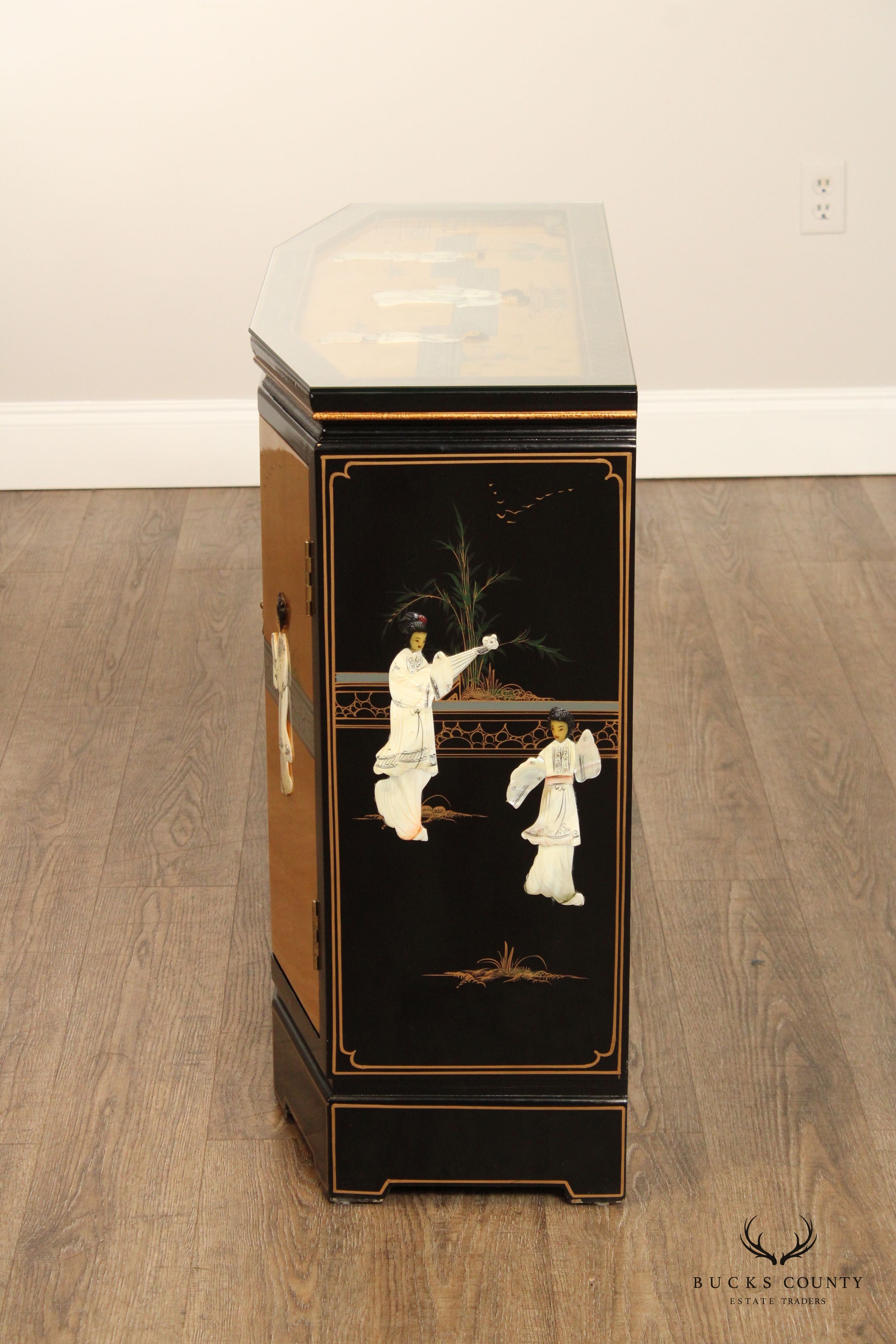 Chinoiserie Decorated Black and Gold Lacquer Glass Top Console Cabinet