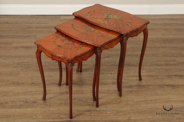 1930's French Louis XV Hand Painted Satinwood Nesting Tables