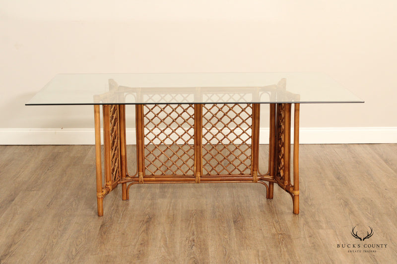 Hollywood Regency Glass Top Bamboo Rattan Dining Table