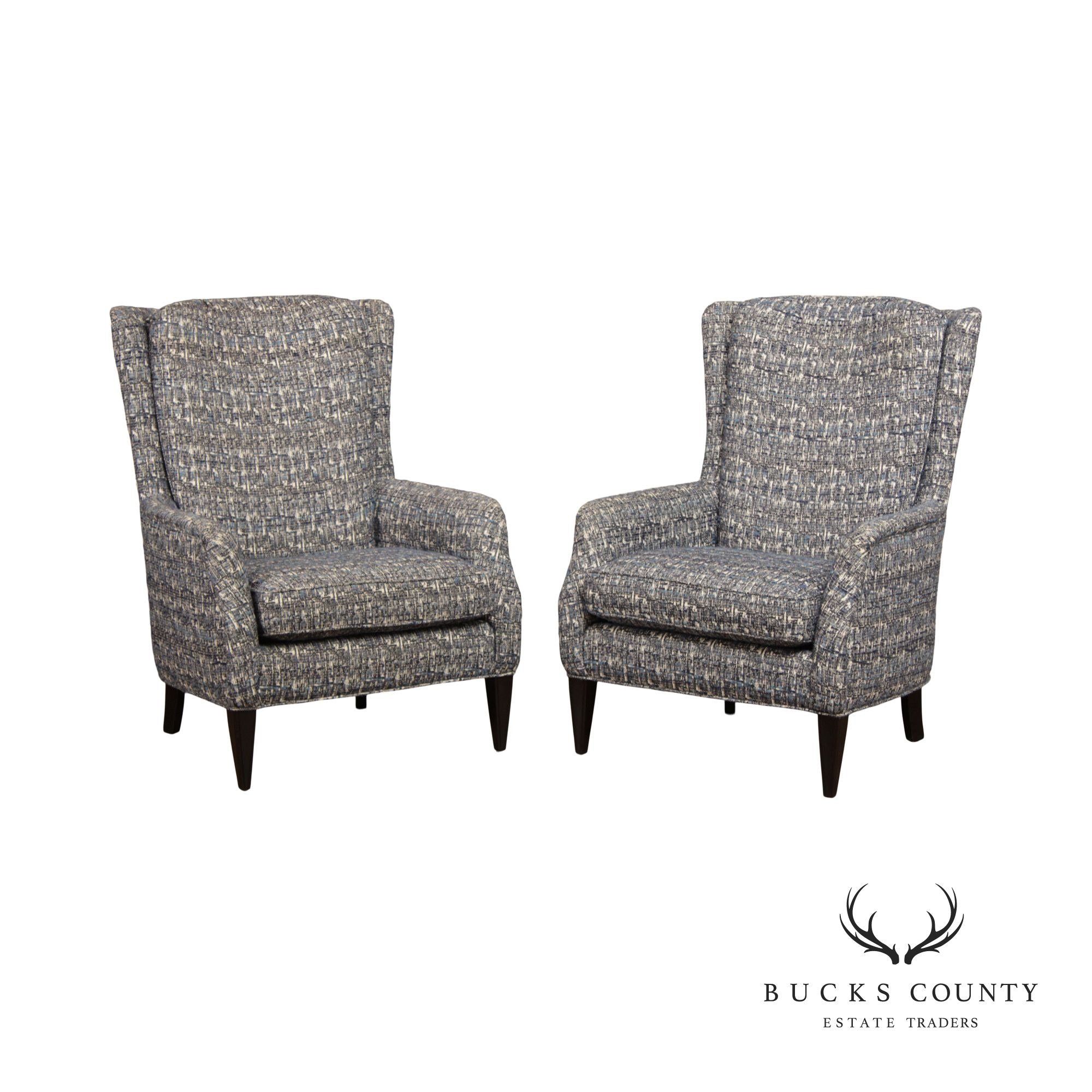 QUALITY PAIR CUSTOM UPHOLSTERED MODERN WING CHAIRS