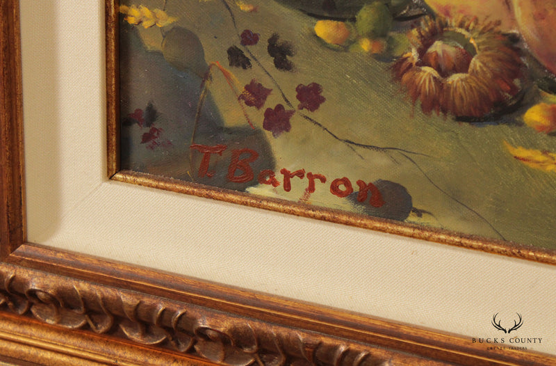 Vintage 20th C. Baroque Style Fruit Still Life Oil Painting, Signed 'T. Barron'