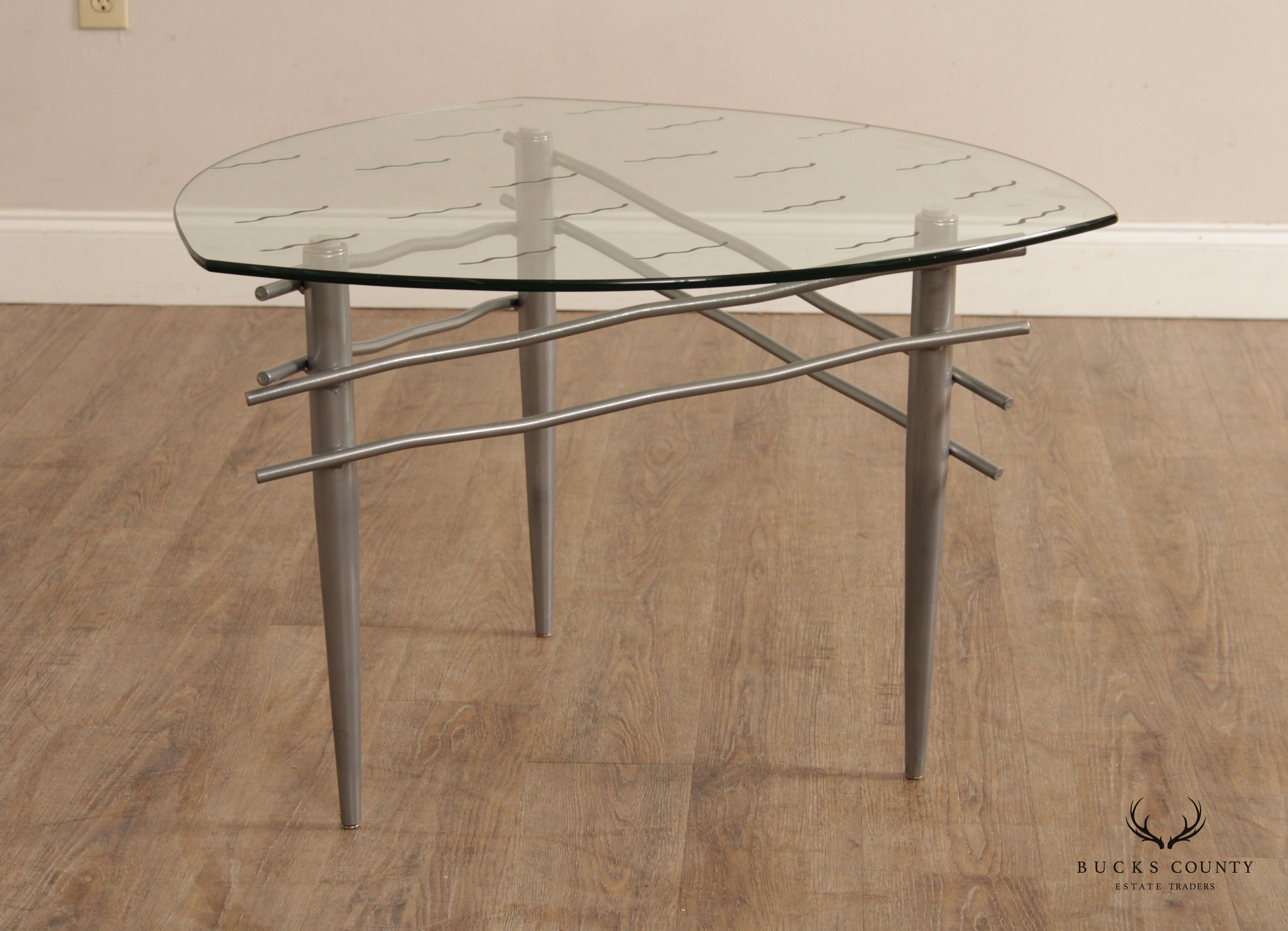 Modern Triangular Glass Top Brushed Steel Table