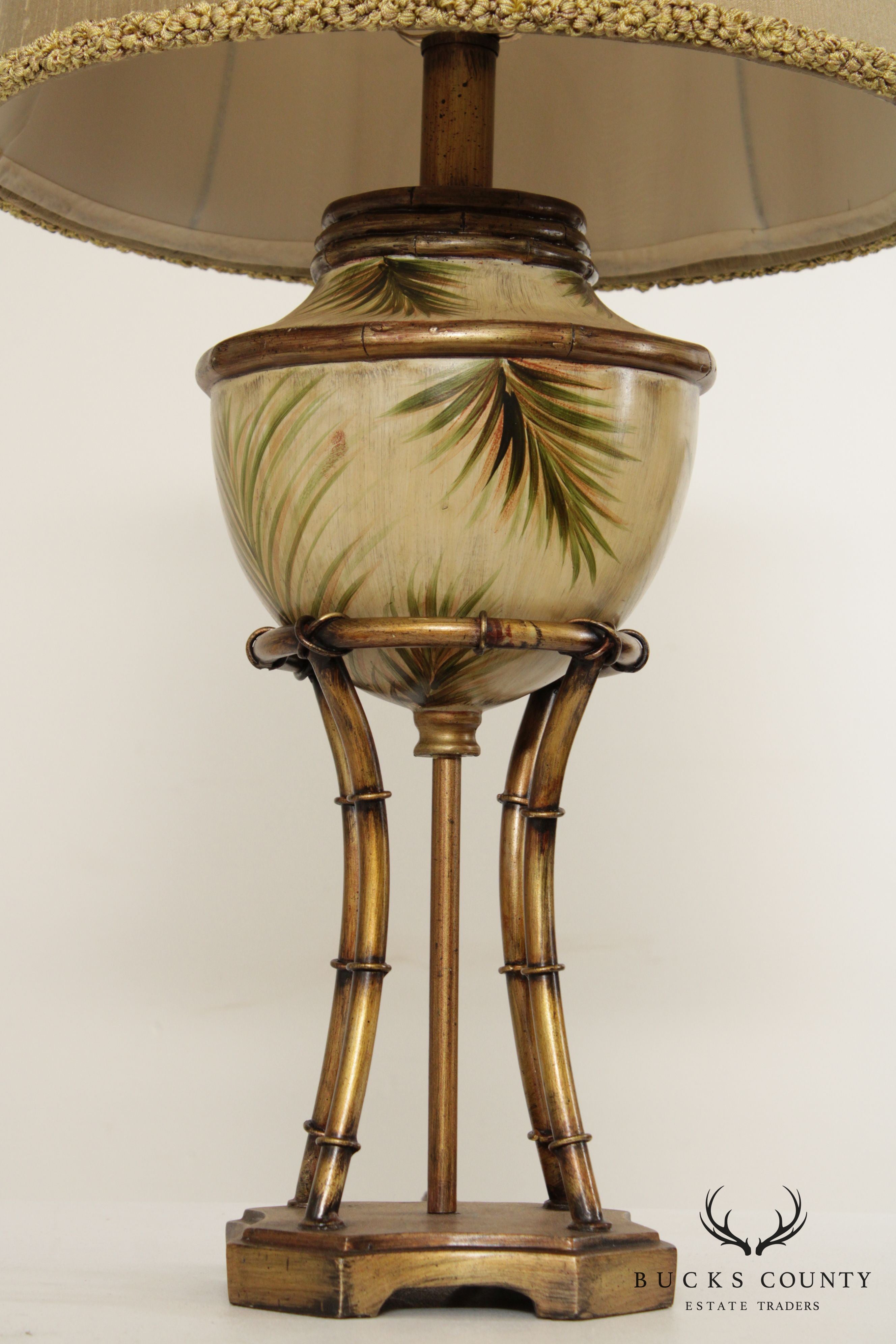 Vintage Tropical Palm Table Lamp with Silk Shade