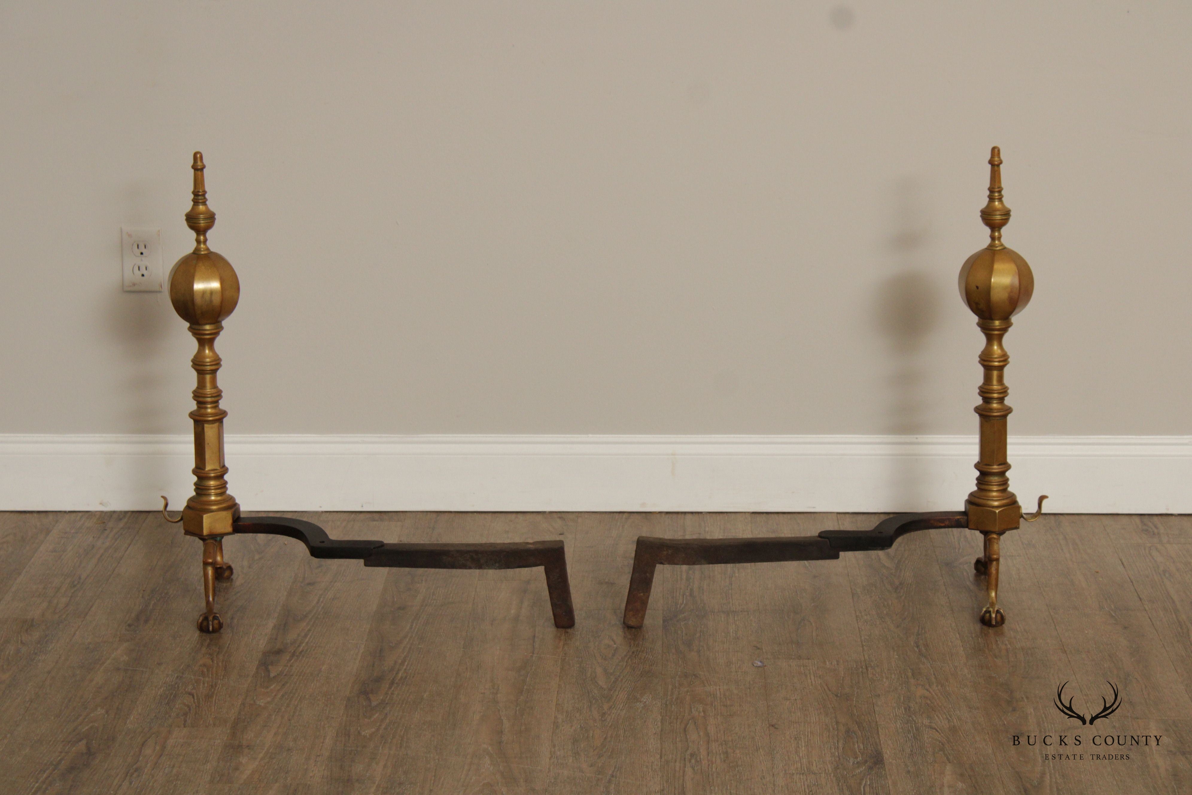 FEDERAL STYLE PAIR OF BRASS ANDIRONS AND POKER