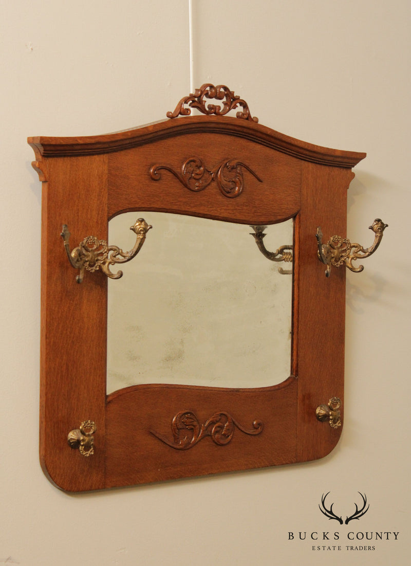 Antique Victorian Oak Hall Tree Wall Mirror