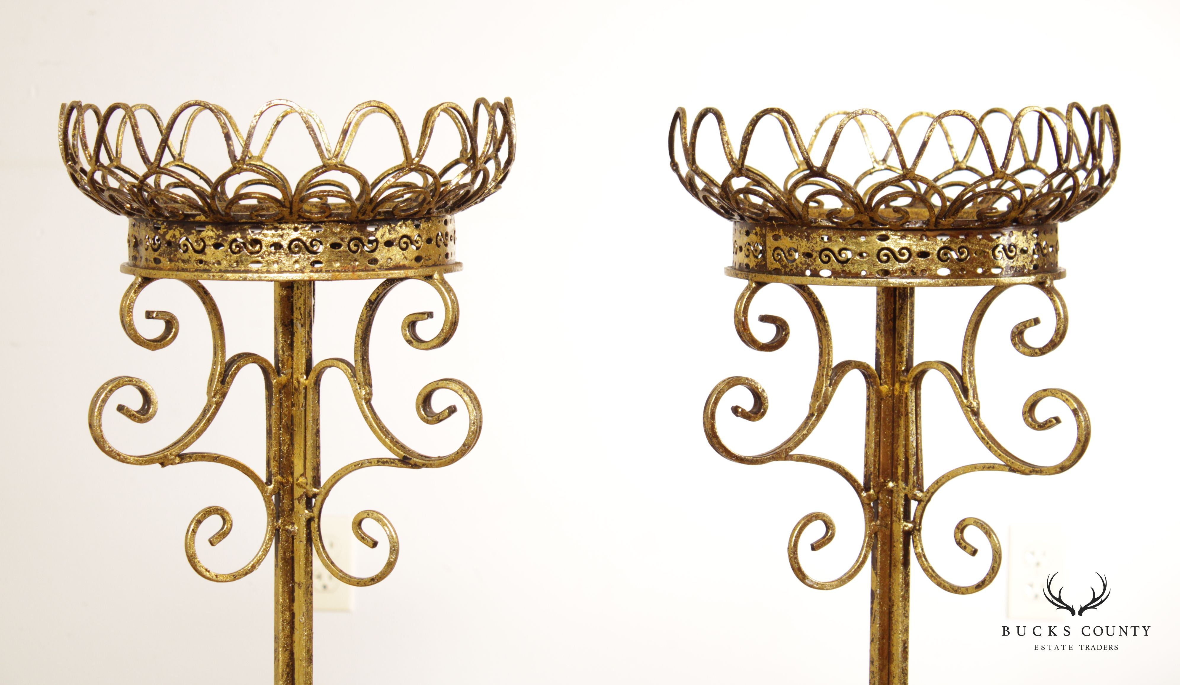 Hollywood Regency Pair Gilt Metal Scroll Candle Stands