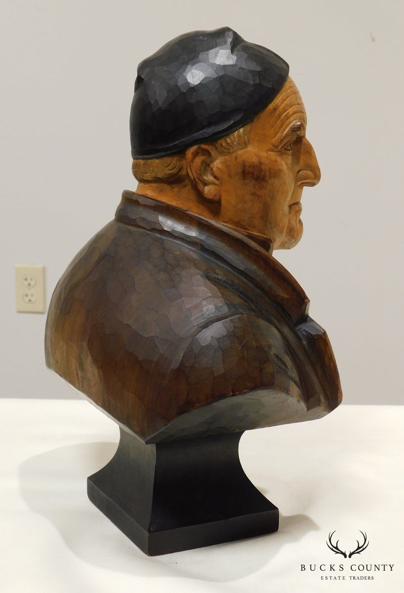 H. Huggler - Wyss Hand Carved Polychrome Wood Bust of Old Man