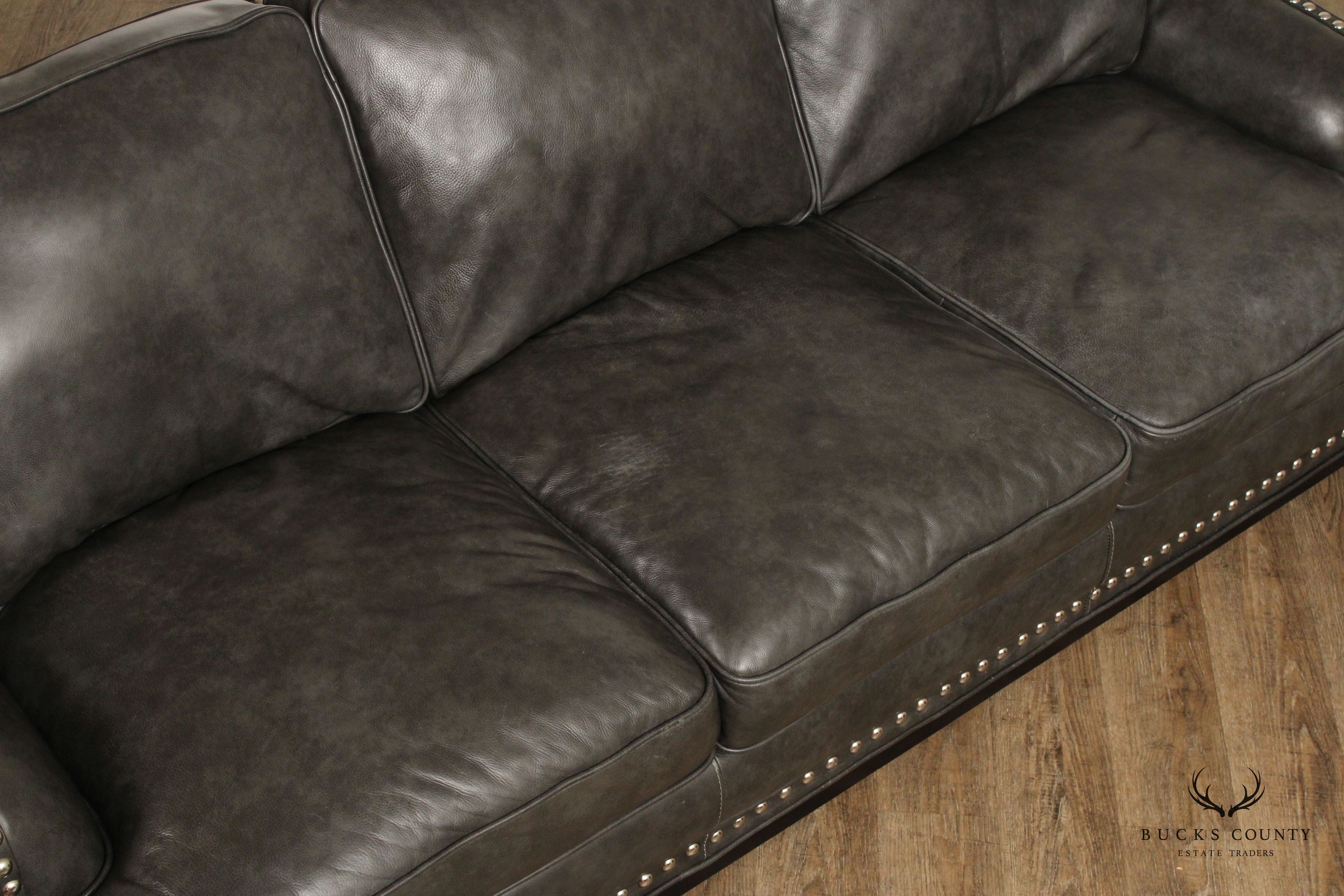 Quality Grey Leather Three Seat Nailhead Sofa