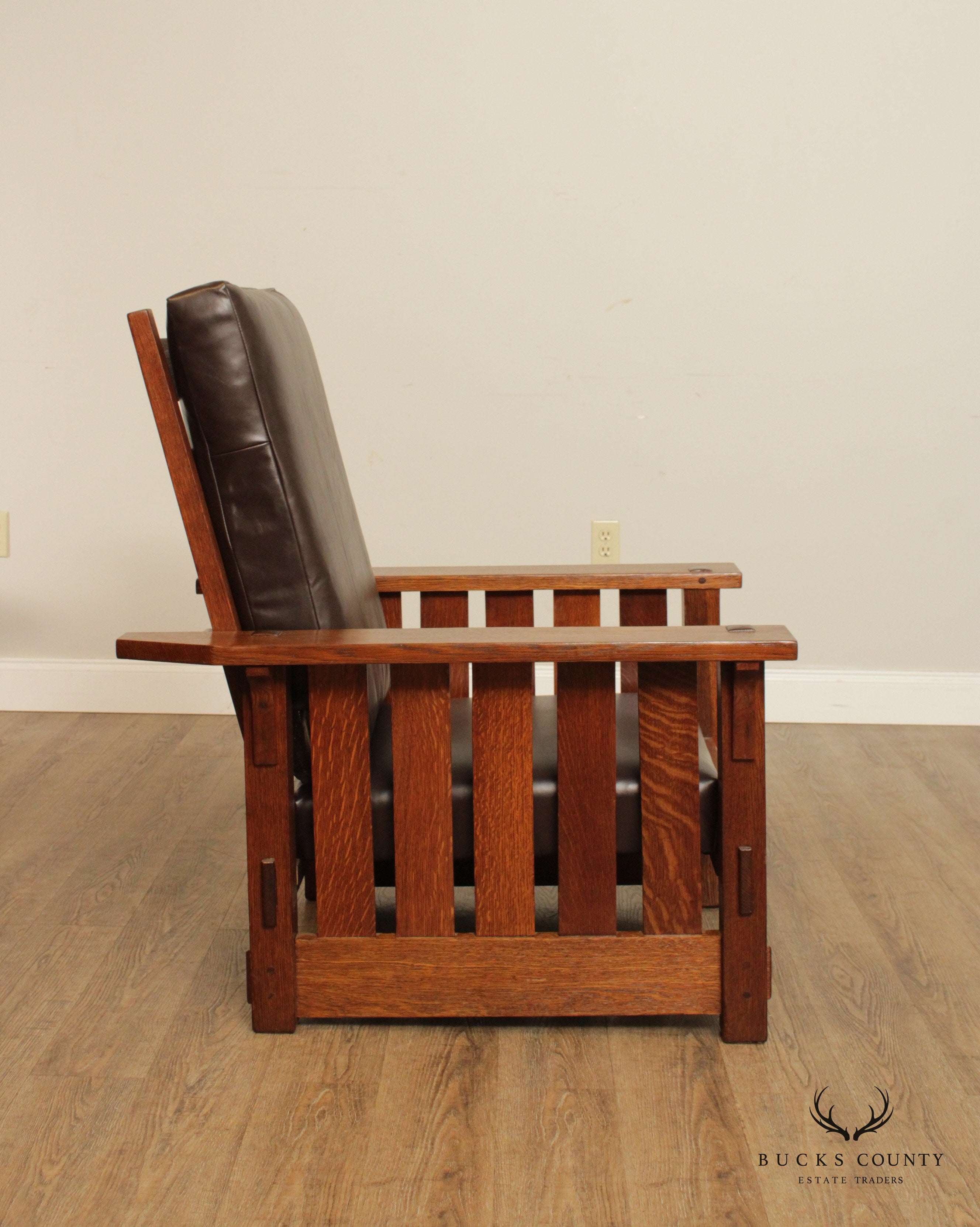 Gustav Stickley Antique Mission Oak and Leather Reclining Morris Chair