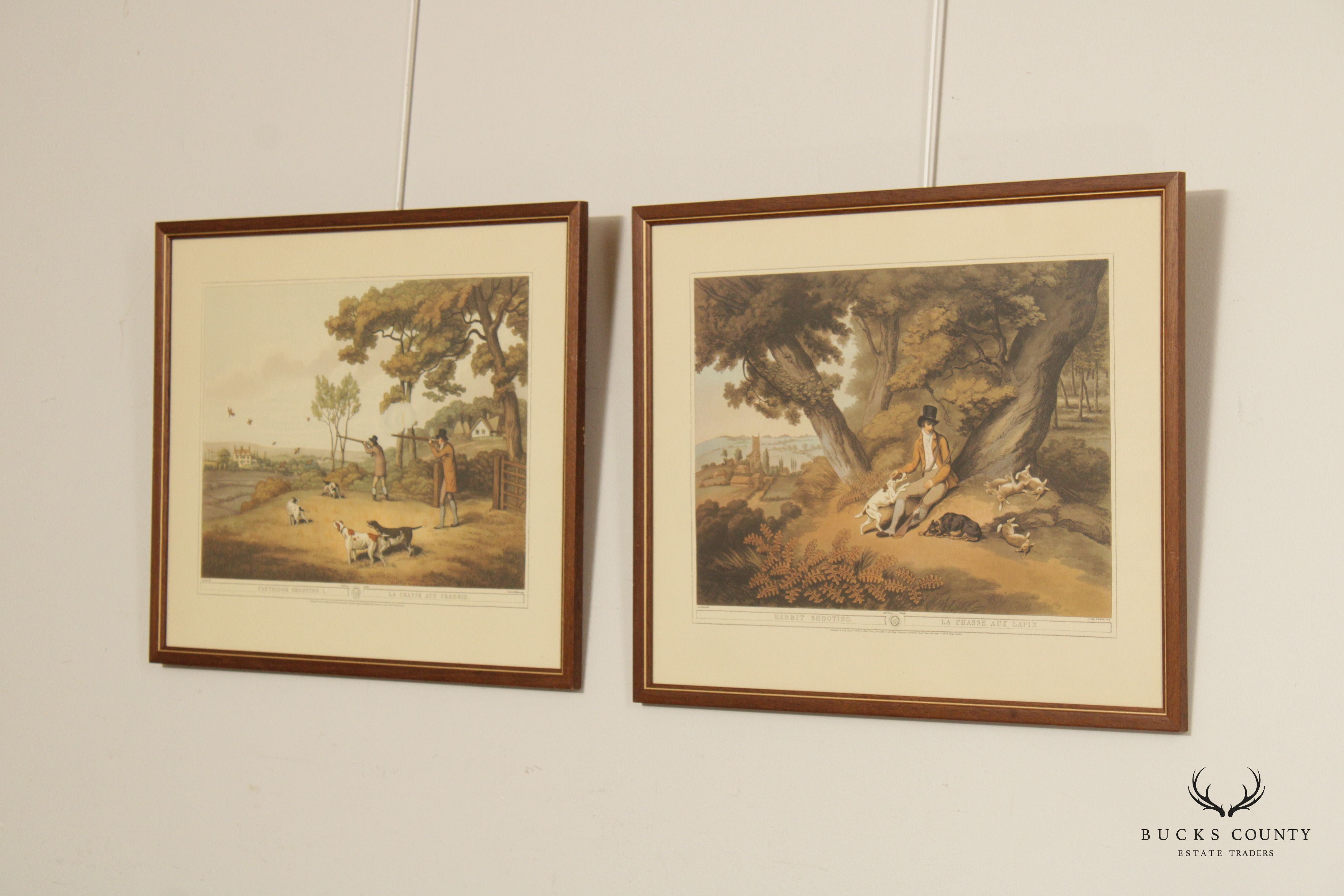 English Pair Field Sport Hunting Aquatints, Custom Framed