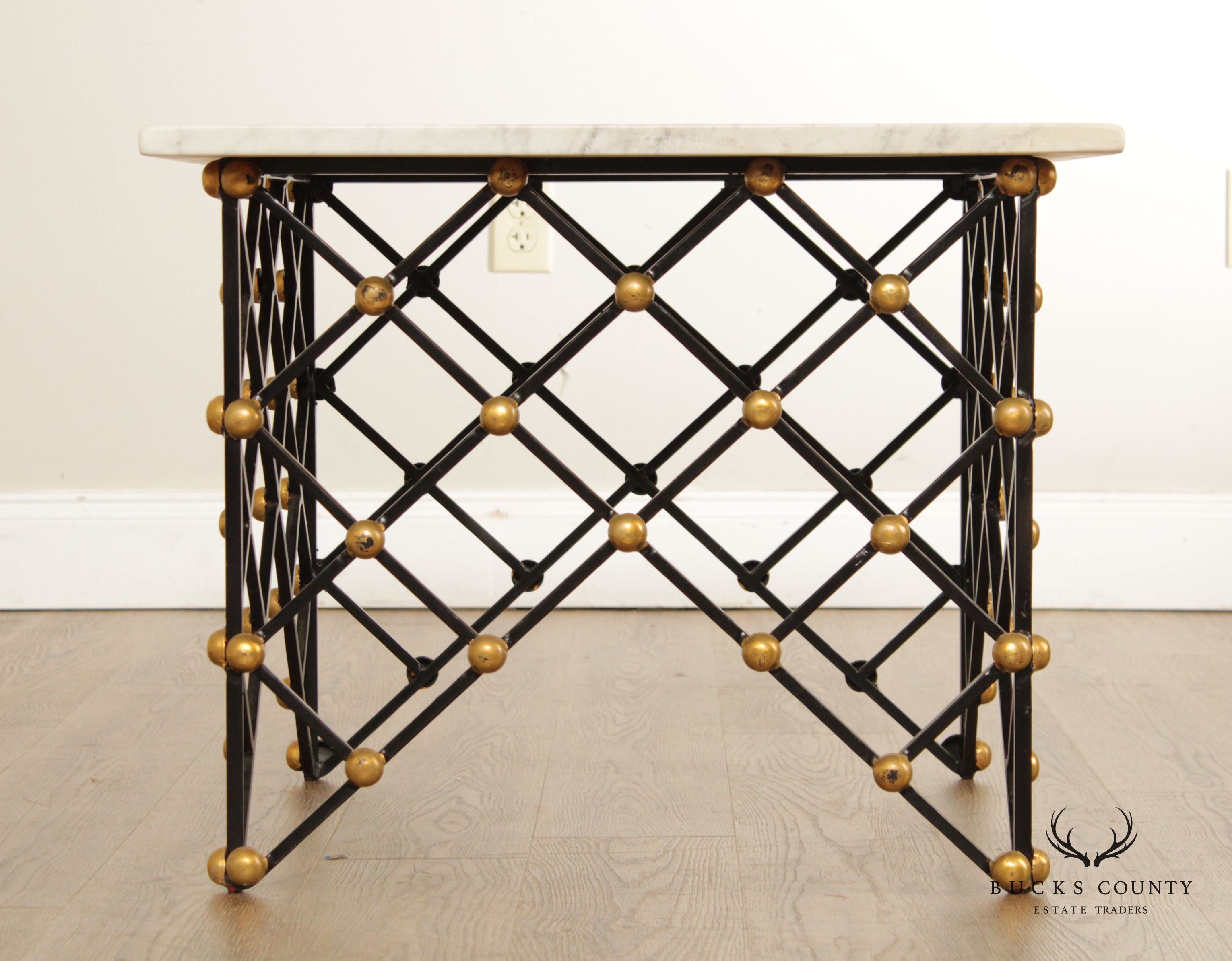 Vintage Wrought Iron Net Square Marble Top Cocktail Table