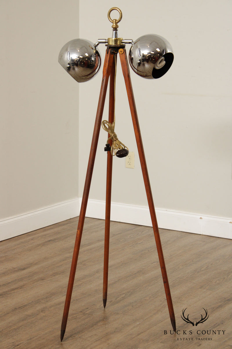 Mid Century Wooden Tripod Floor Lamp with Chrome Shades