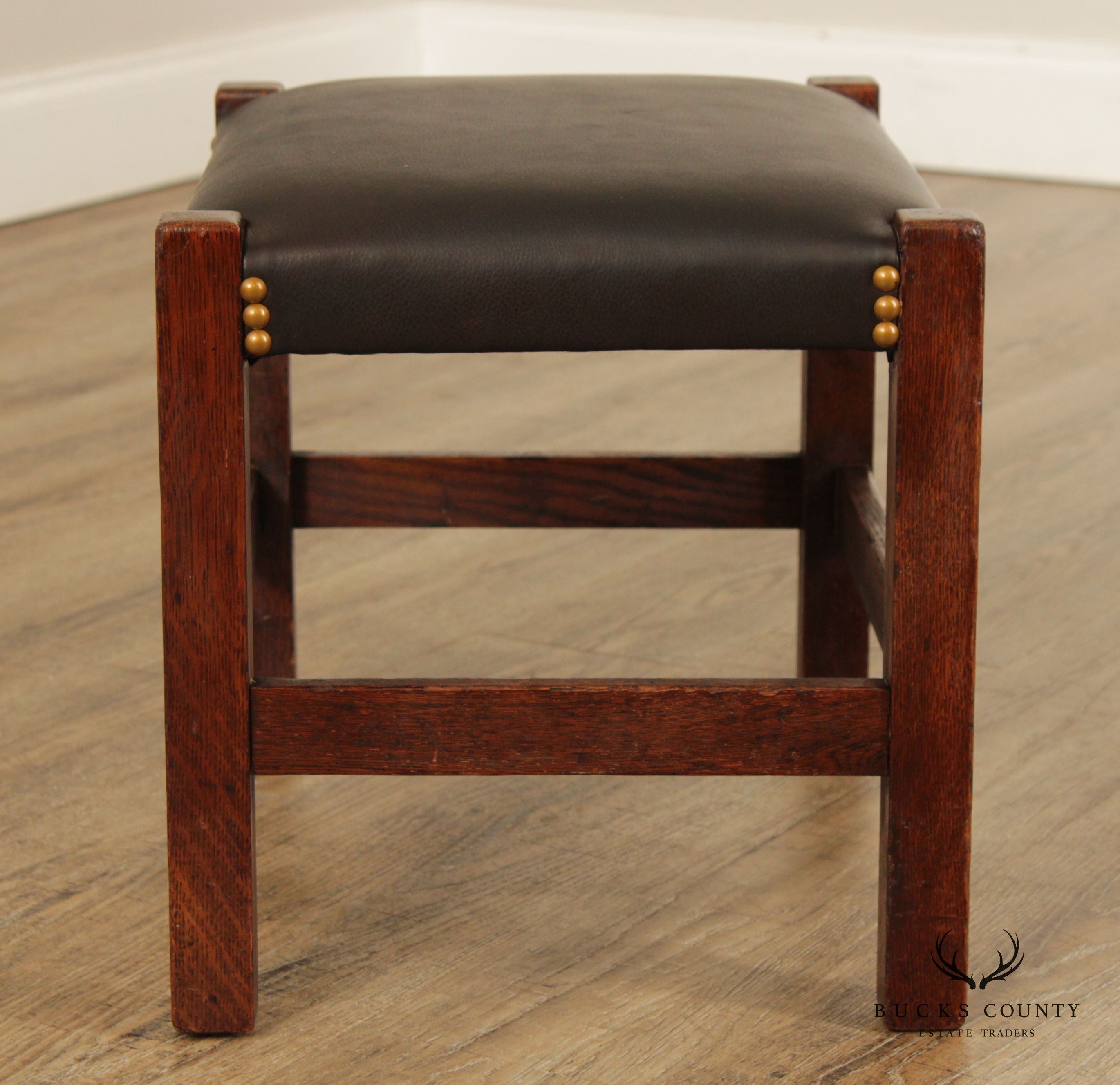 Antique Mission Oak and Leather Stool or Ottoman